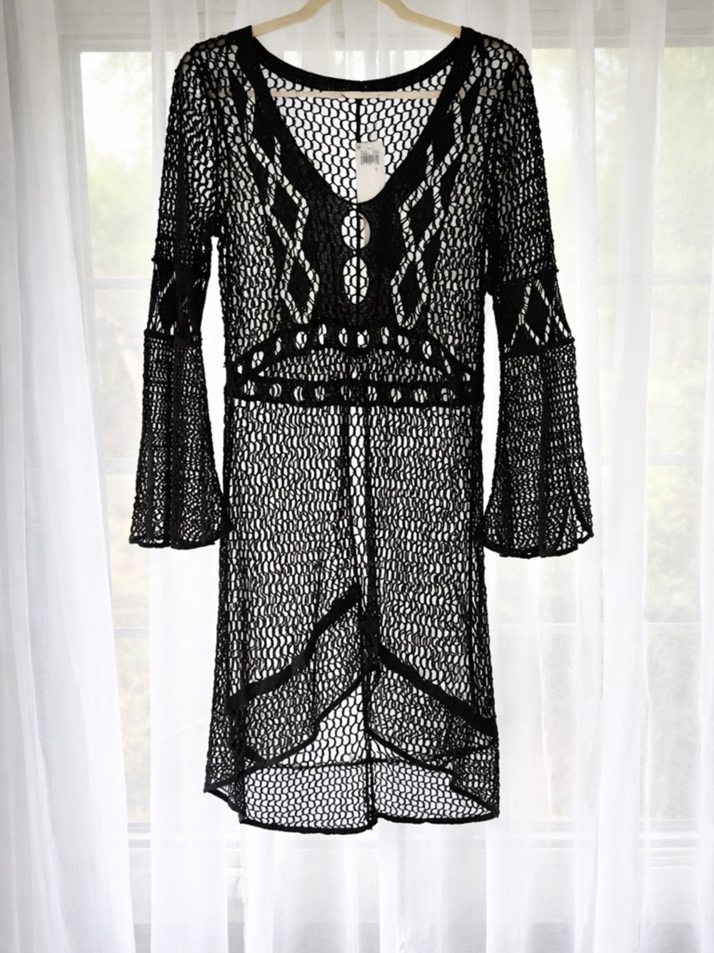 IBIZA Black Crochet Cover Up Dress Bell Sleeve Festival Boho Size S